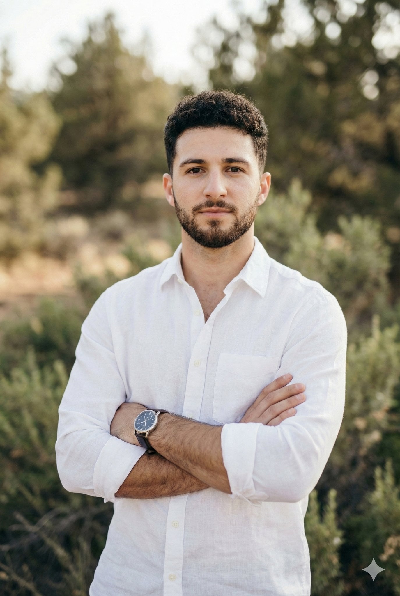 Outdoor Lifestyle Portrait in White Linen Shirt(2)