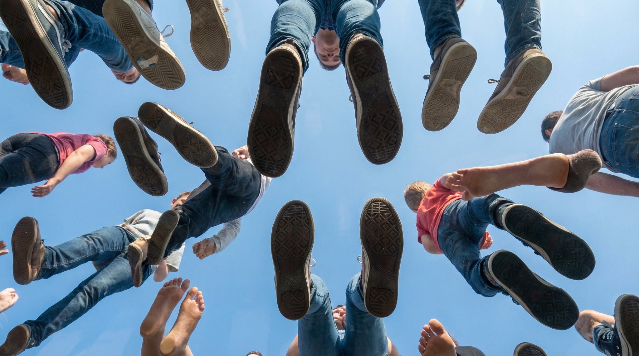 Underfoot Plexiglass Sky Background with Walking People(3)