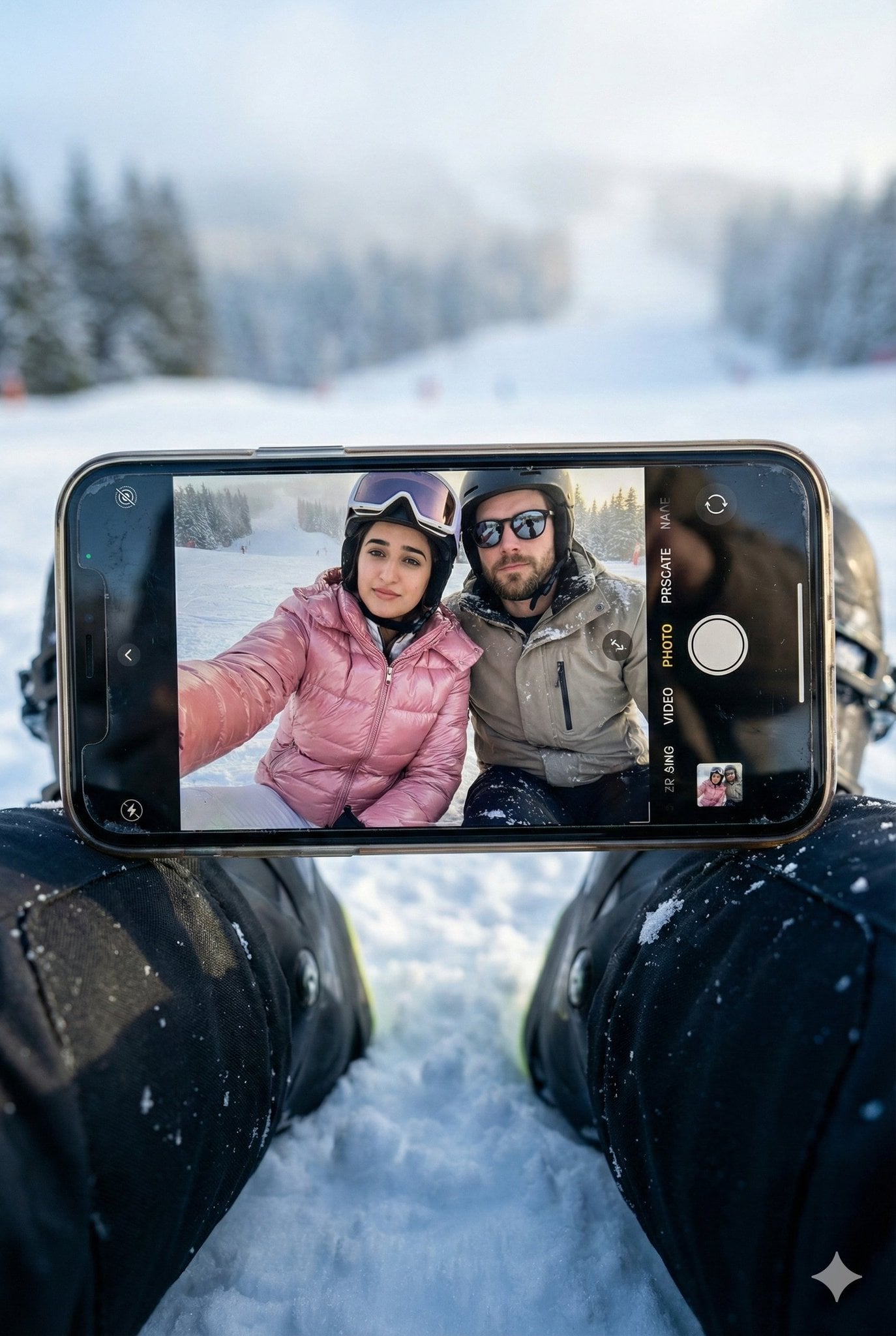 Ski Selfie Smartphone Scene on Snowy Boots