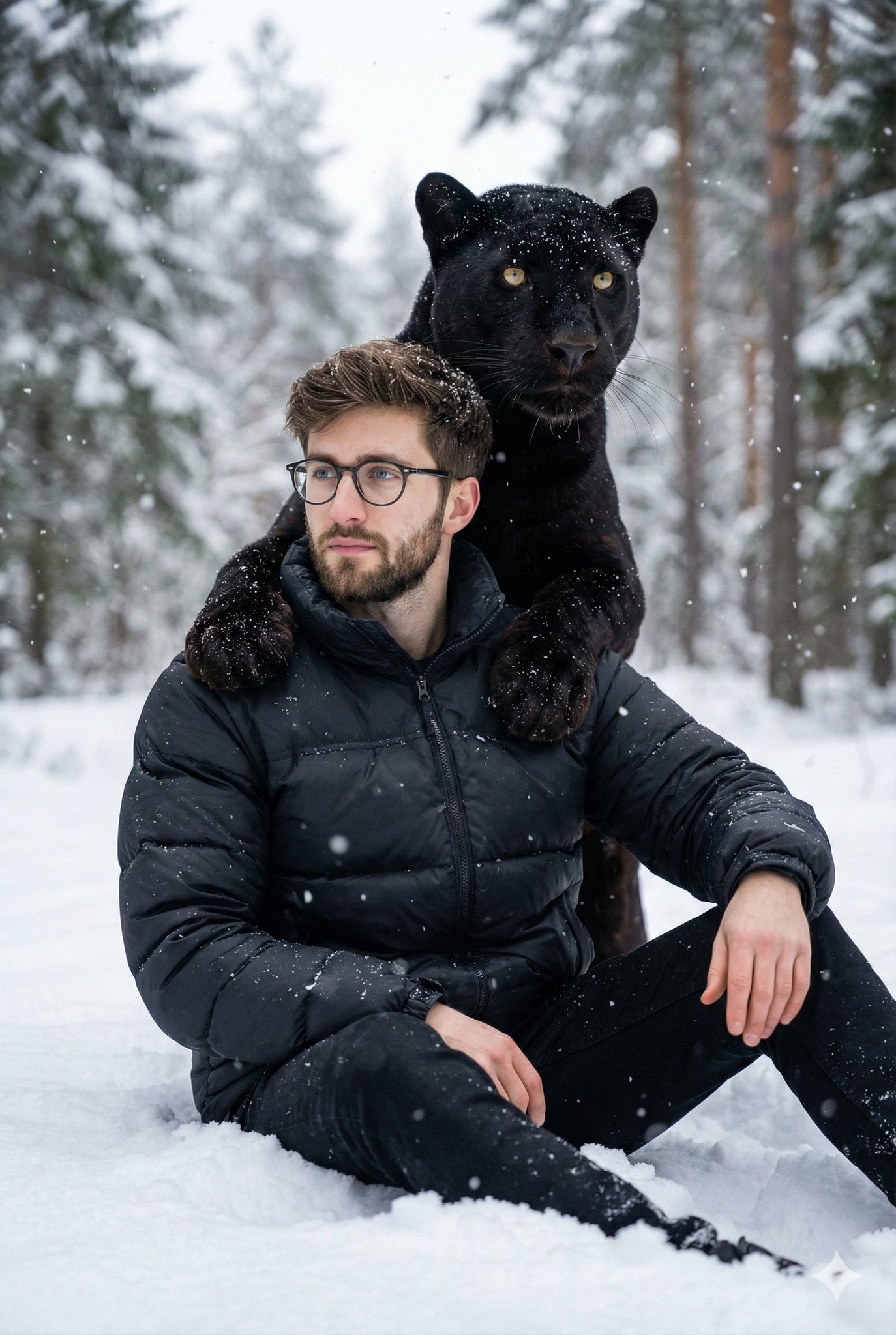 Man with Black Panther in Snowy Forest Portrait