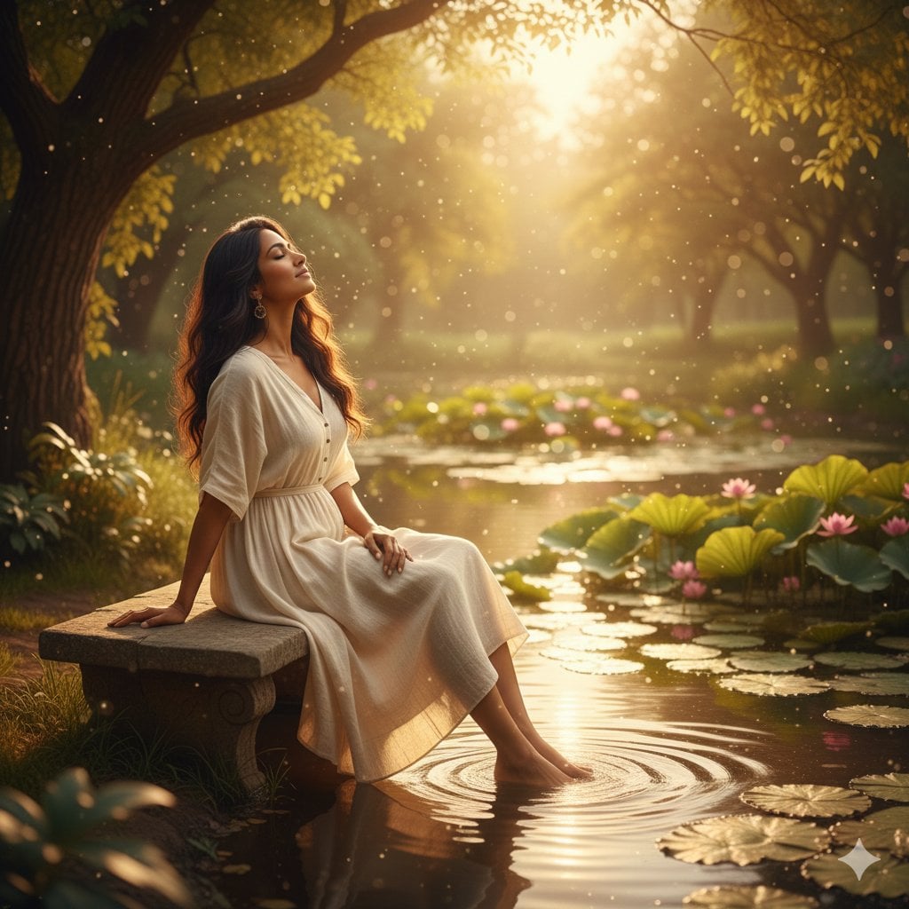 Young Woman by a Tranquil Pond in Golden Sunlight