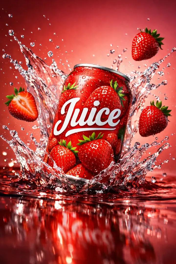 Red Juice Can Product Shot with Strawberry Splash