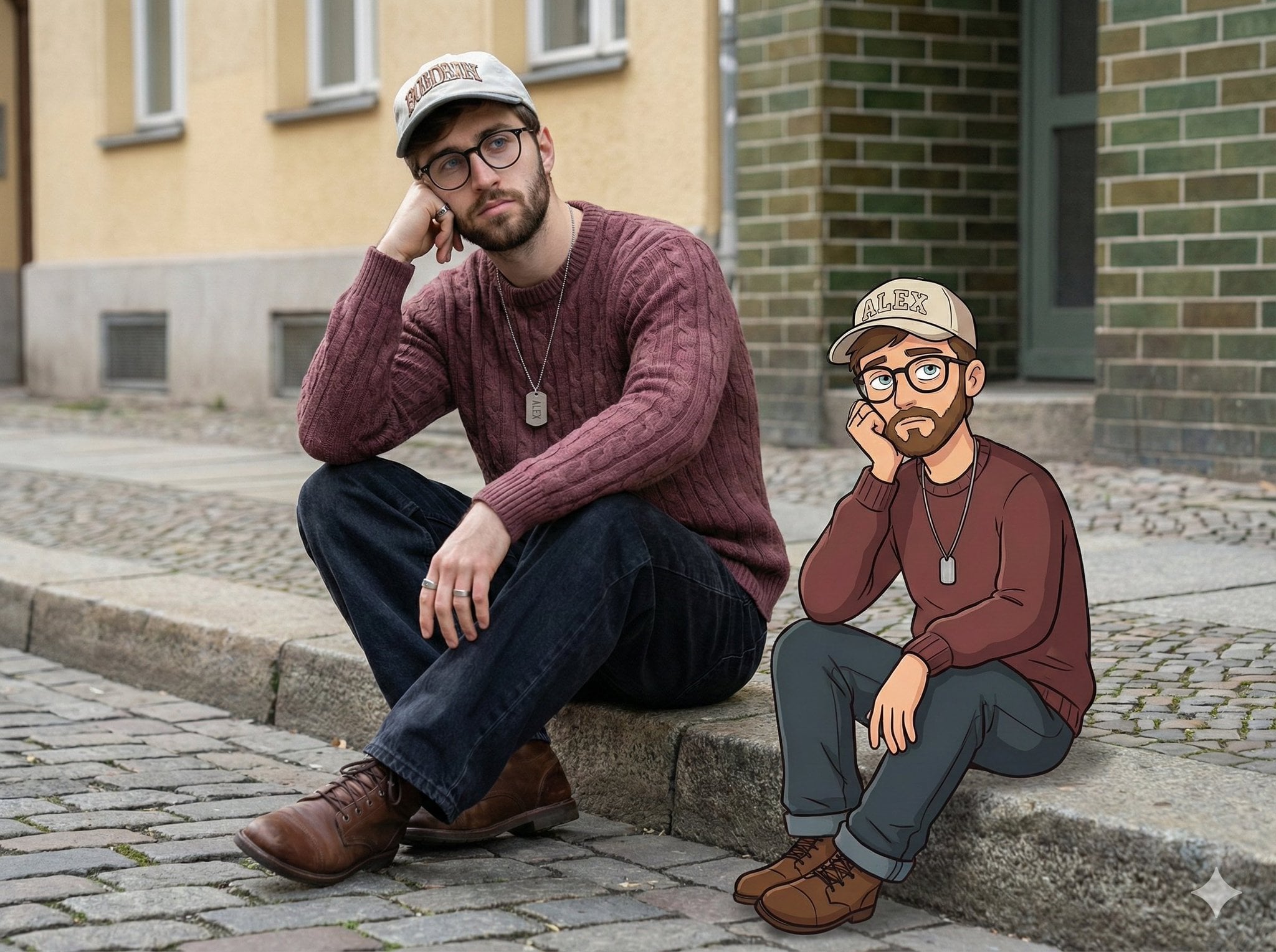 Urban Street Portrait with Cartoon Inner-Self Companion