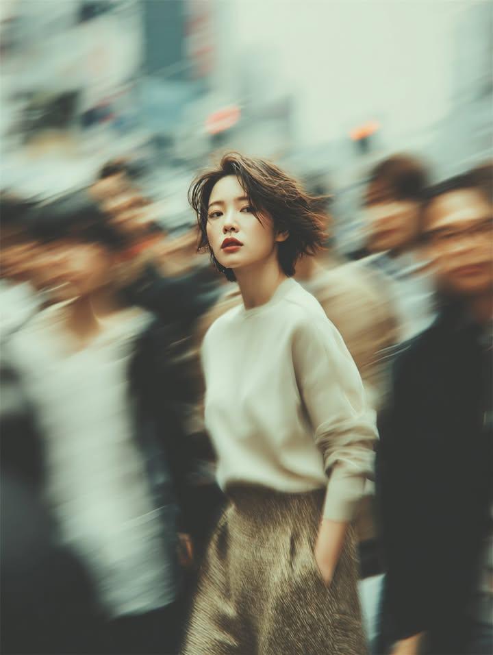 Cinematic Street Portrait with Motion-Blurred Crowd