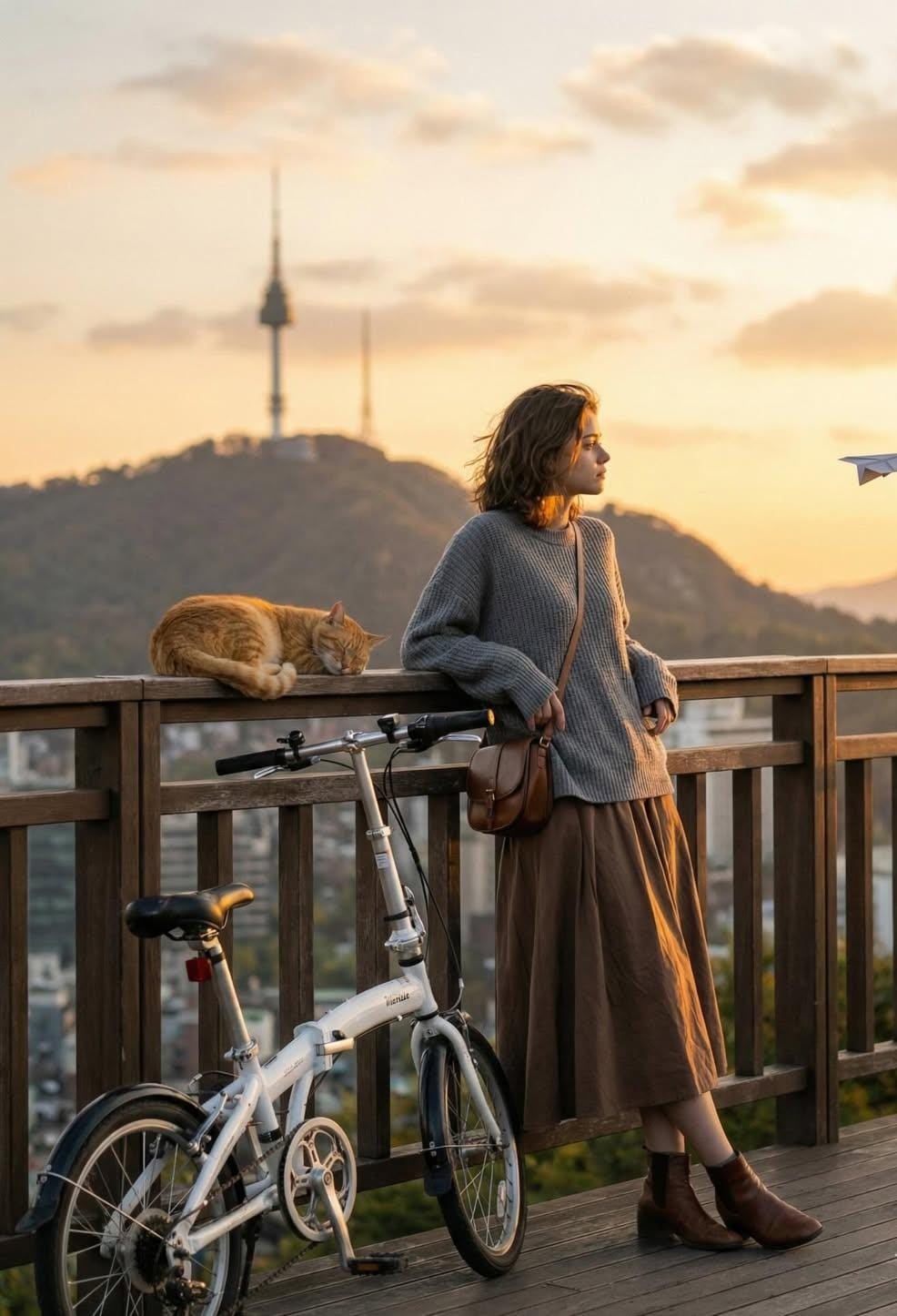 Golden-Hour Balcony Portrait with Bicycle and Cat