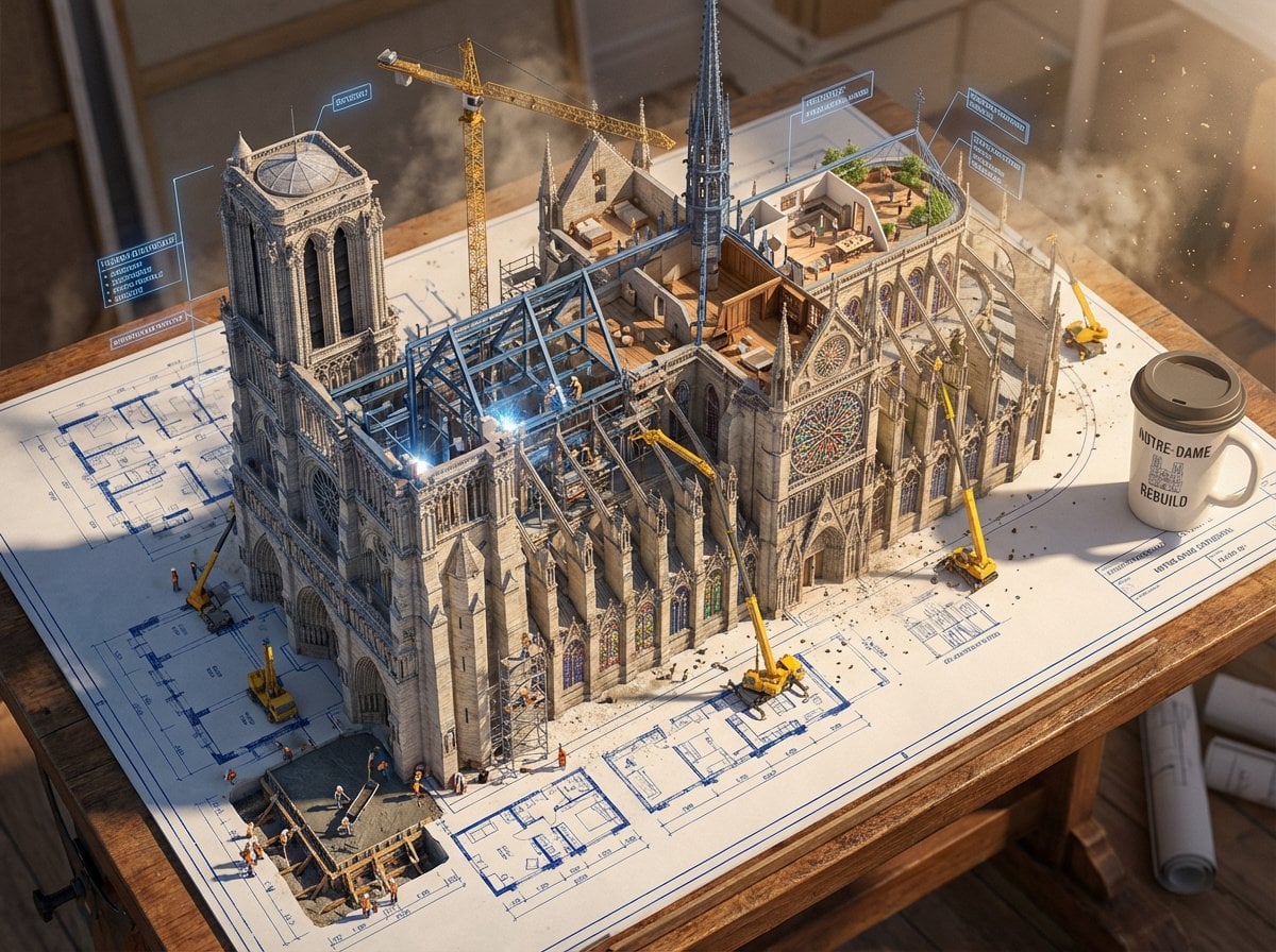 Photoreal 3D Architectural Blueprint Construction Scene