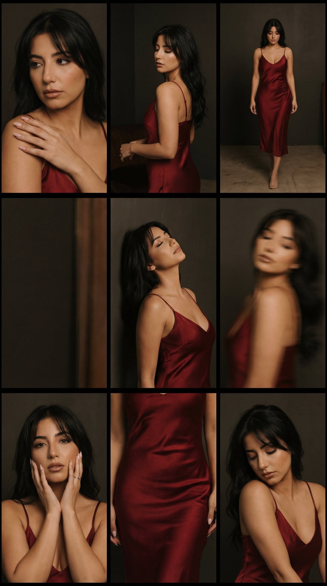 Deep Red Satin Dress Fashion Editorial Contact Sheet