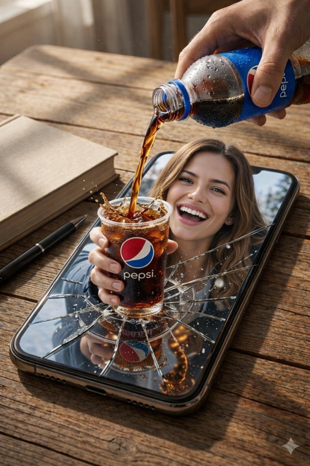 Surreal Pepsi Cola Product Shot with Broken Phone Screen