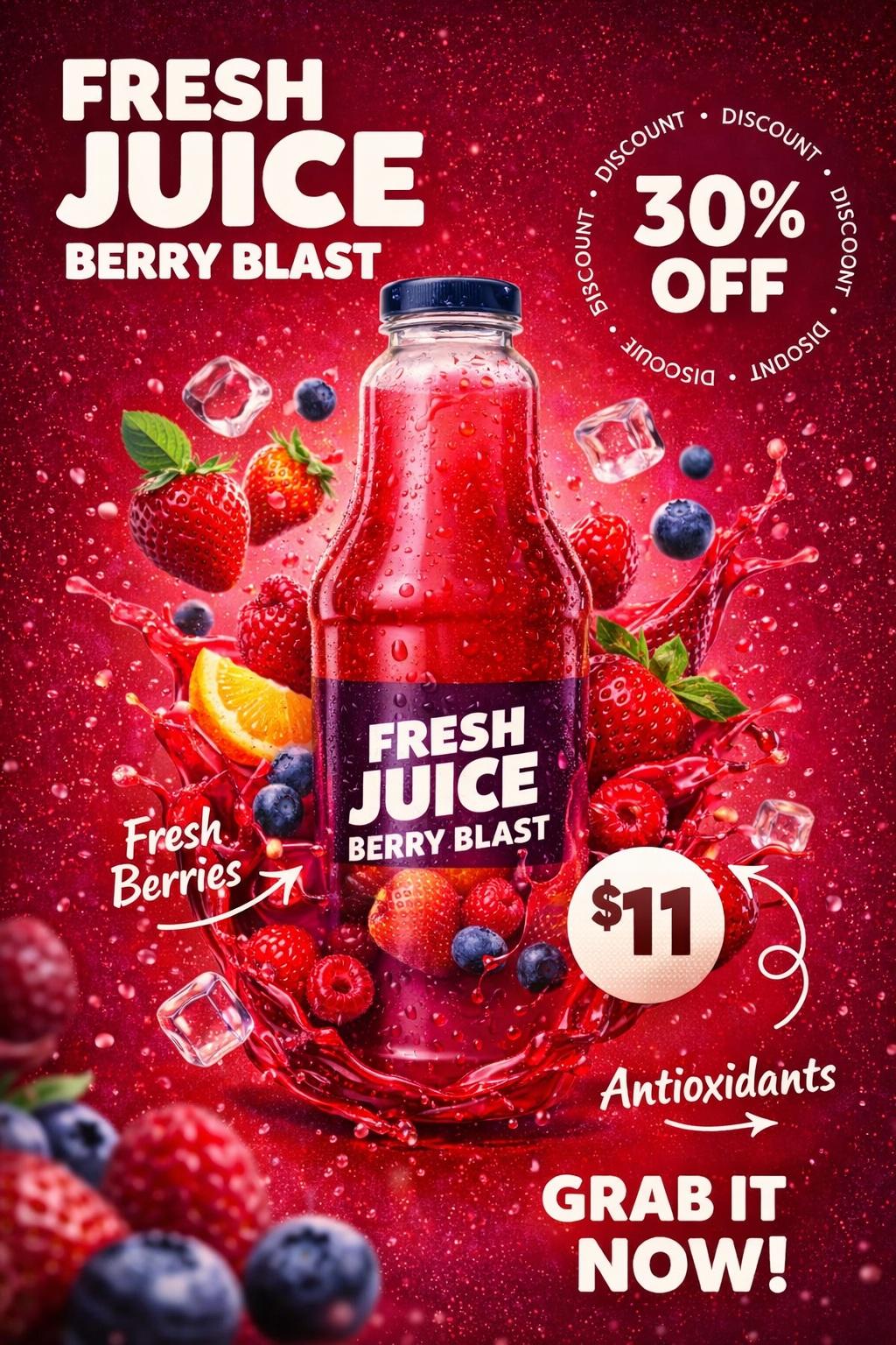 Fresh Juice Bottle Ad Poster with Splash and Doodles