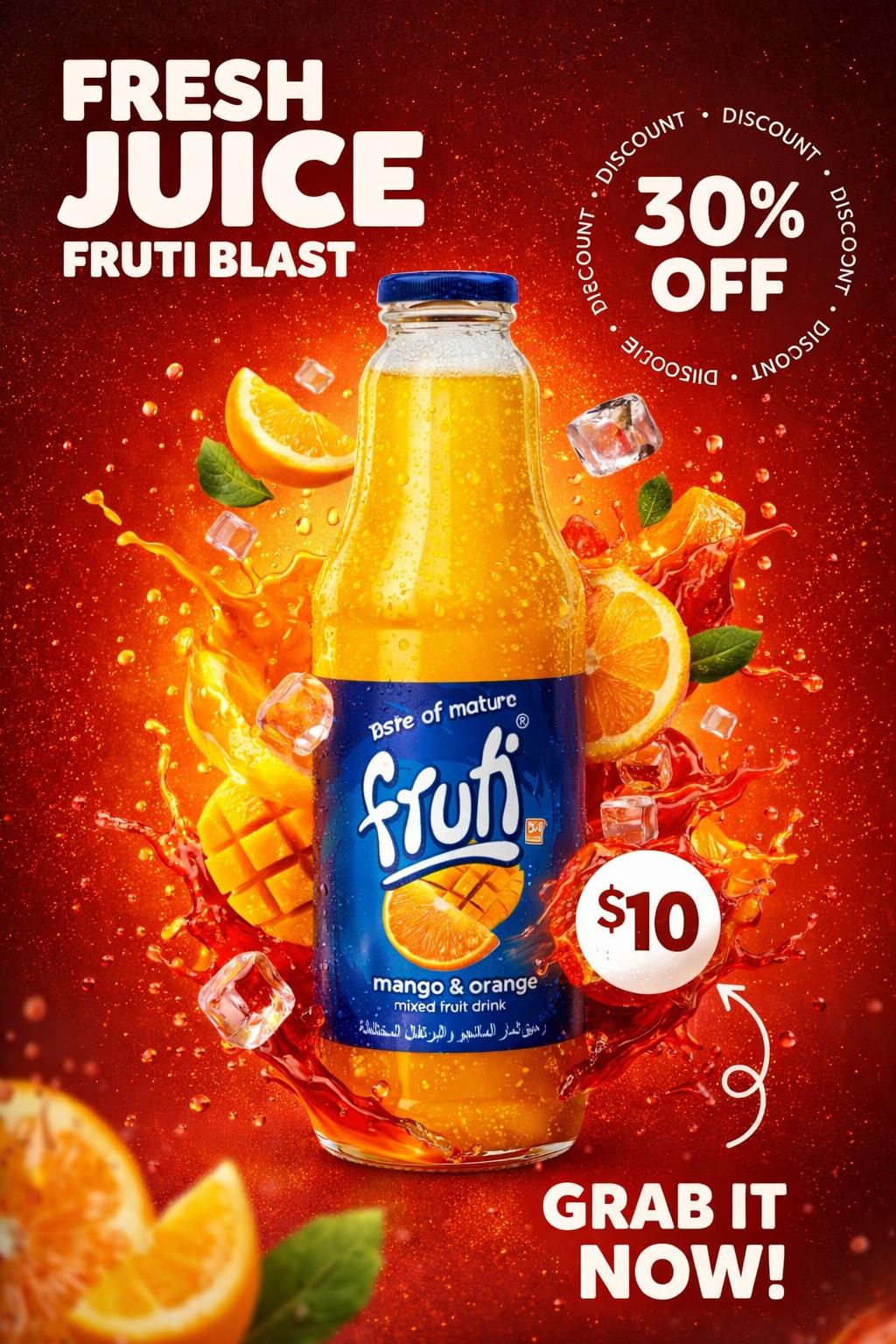 Fresh Juice Bottle Ad Poster with Splash and Doodles(3)