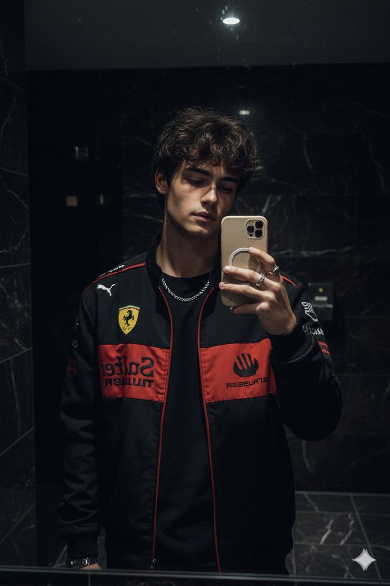 Hyper-Realistic Mirror Selfie in Ferrari Jacket