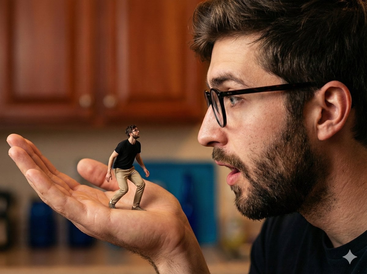 Surreal Giant Hand and Miniature Man Portrait