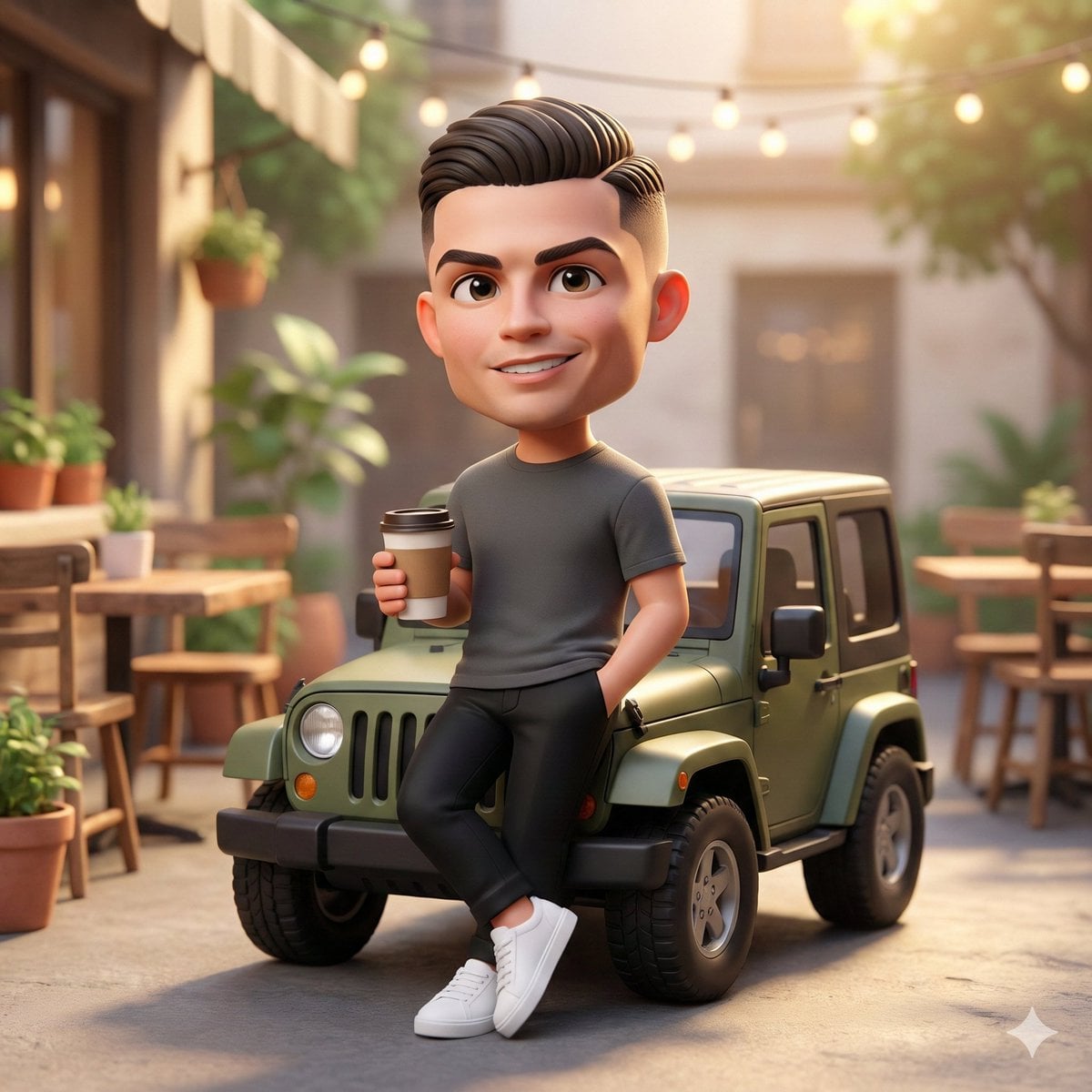 Chibi Character with Mini Jeep in Café Courtyard