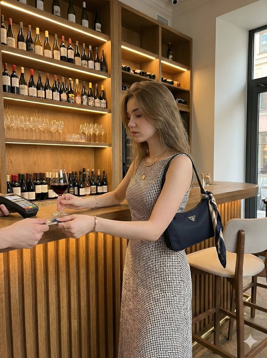 Sophisticated Wine Bar Portrait in a Polka Dot Dress(2)