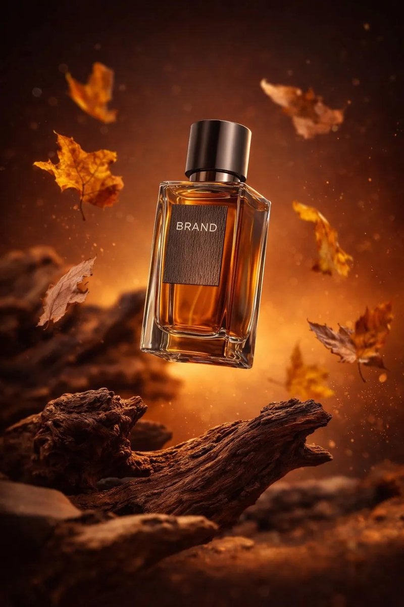 Floating Amber Perfume Product Shot with Autumn Leaves(2)