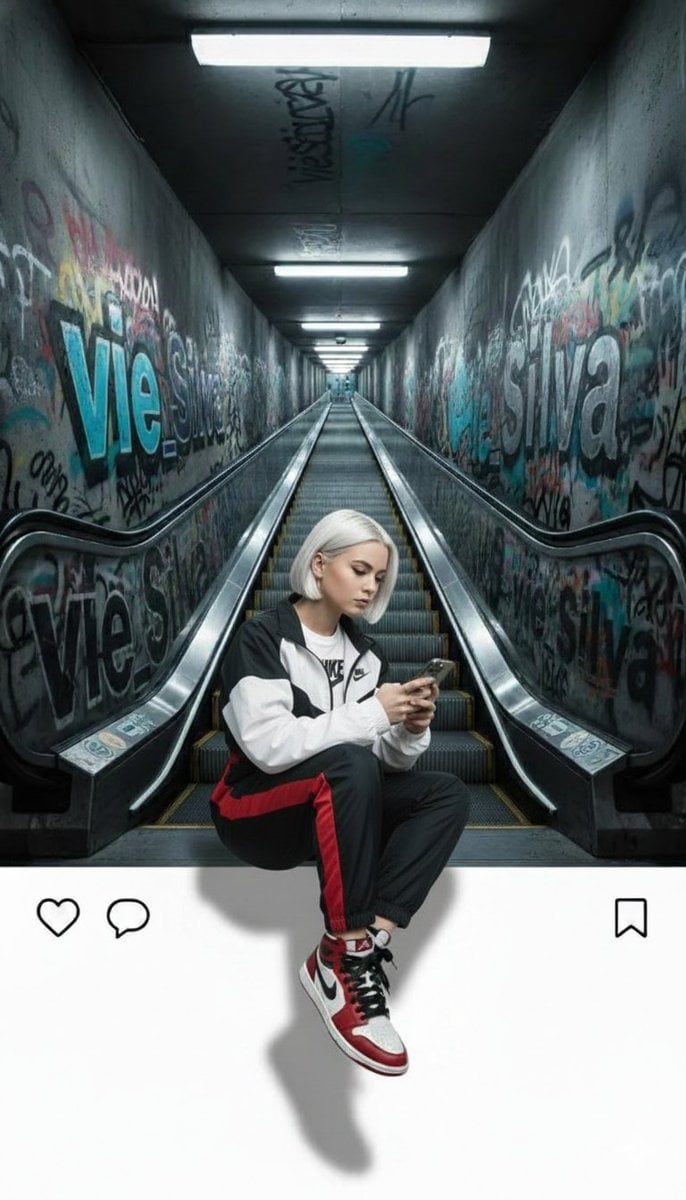 White-Haired Girl Escaping an Instagram Frame