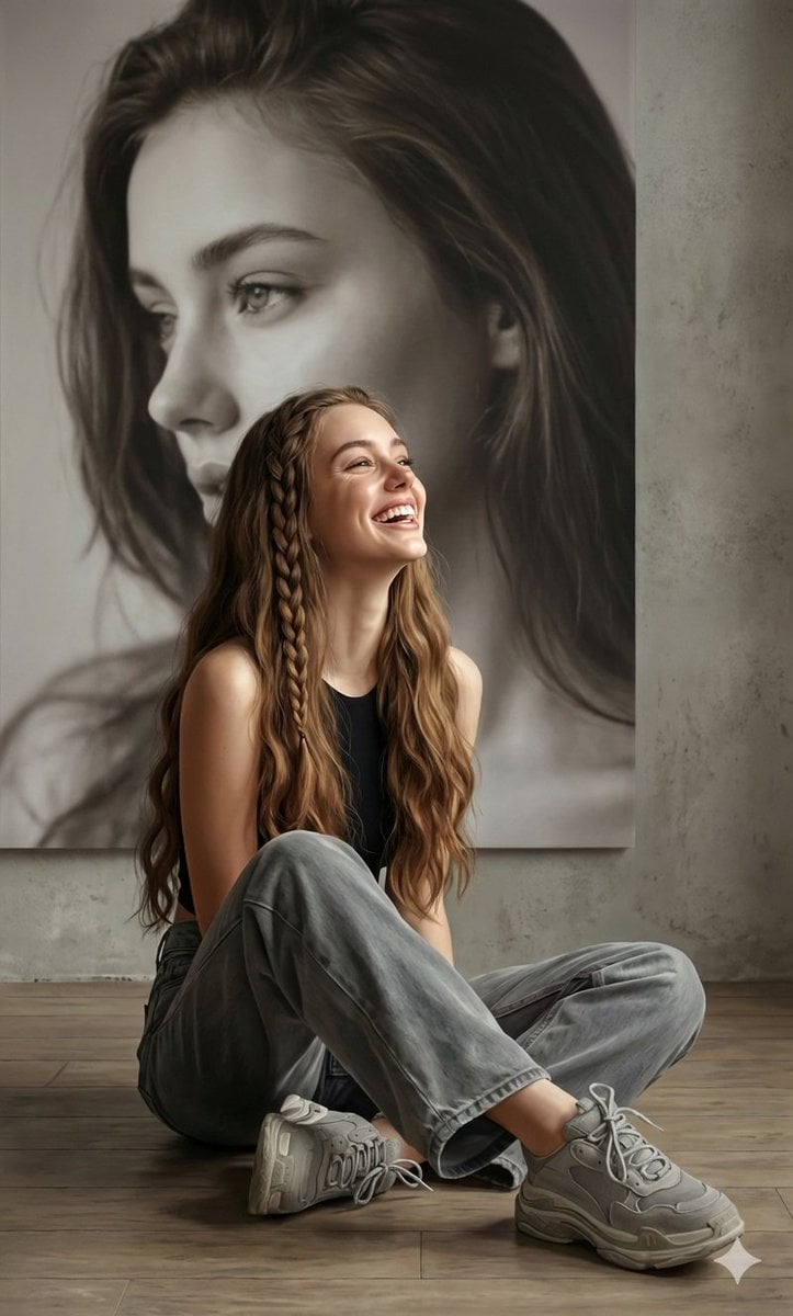 Hyperrealistic Monochrome Woman Portrait with Braided Hair
