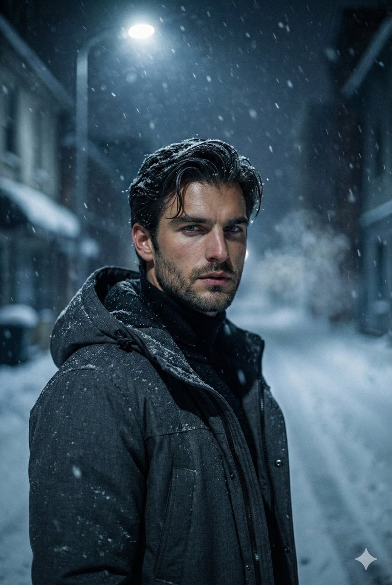 Snowy Winter Noir Portrait of a Man at Night