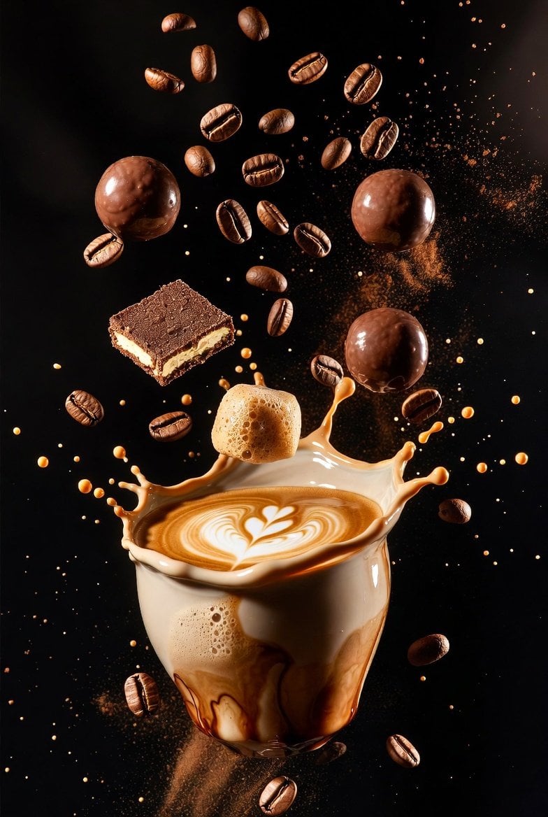 Coffee Cup Splash with Beans and Chocolate Bonbons(2)