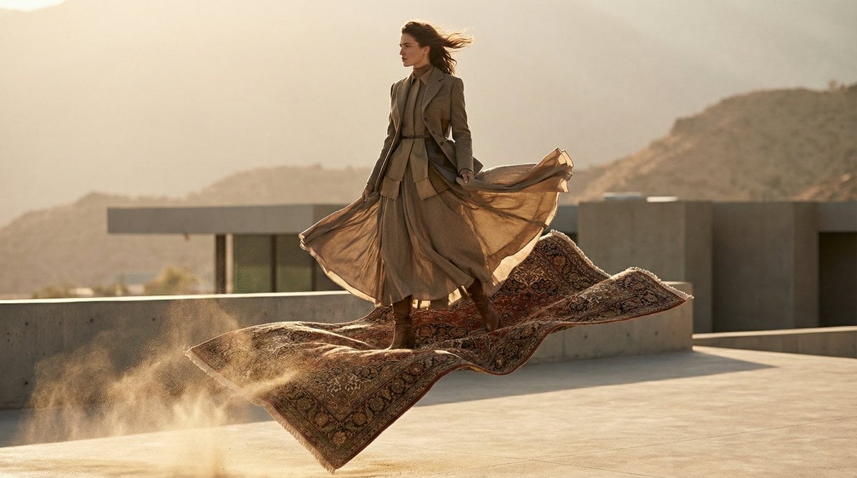 Luxury Fashion Model on a Flying Carpet at Takeoff (2)