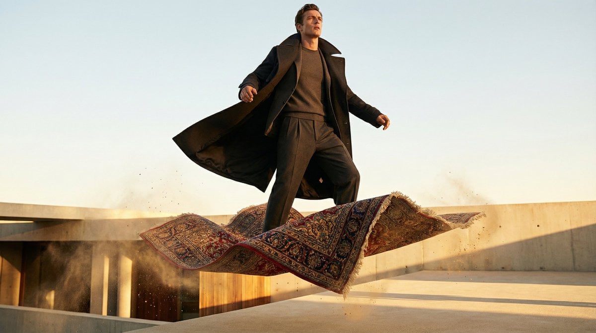 Luxury Fashion Model on a Flying Carpet at Takeoff (3)