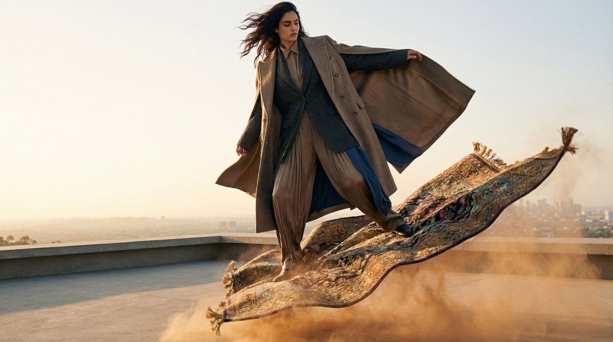 Luxury Fashion Model on a Flying Carpet at Takeoff (4)