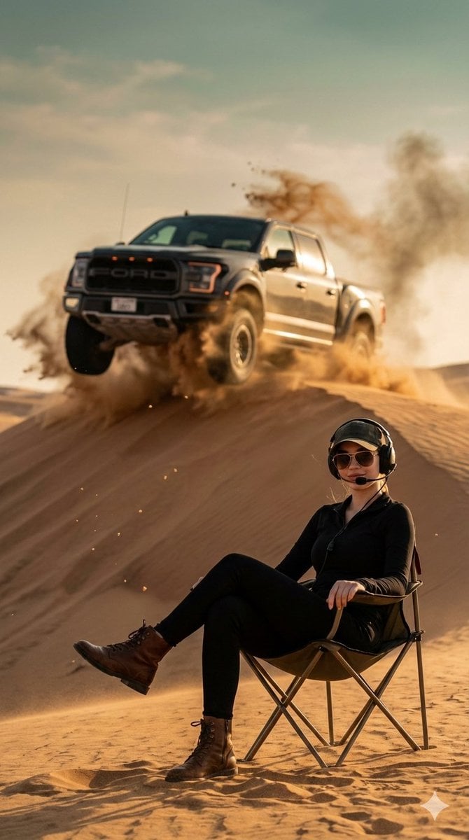 Cinematic Desert Action Portrait with Off-Road Truck