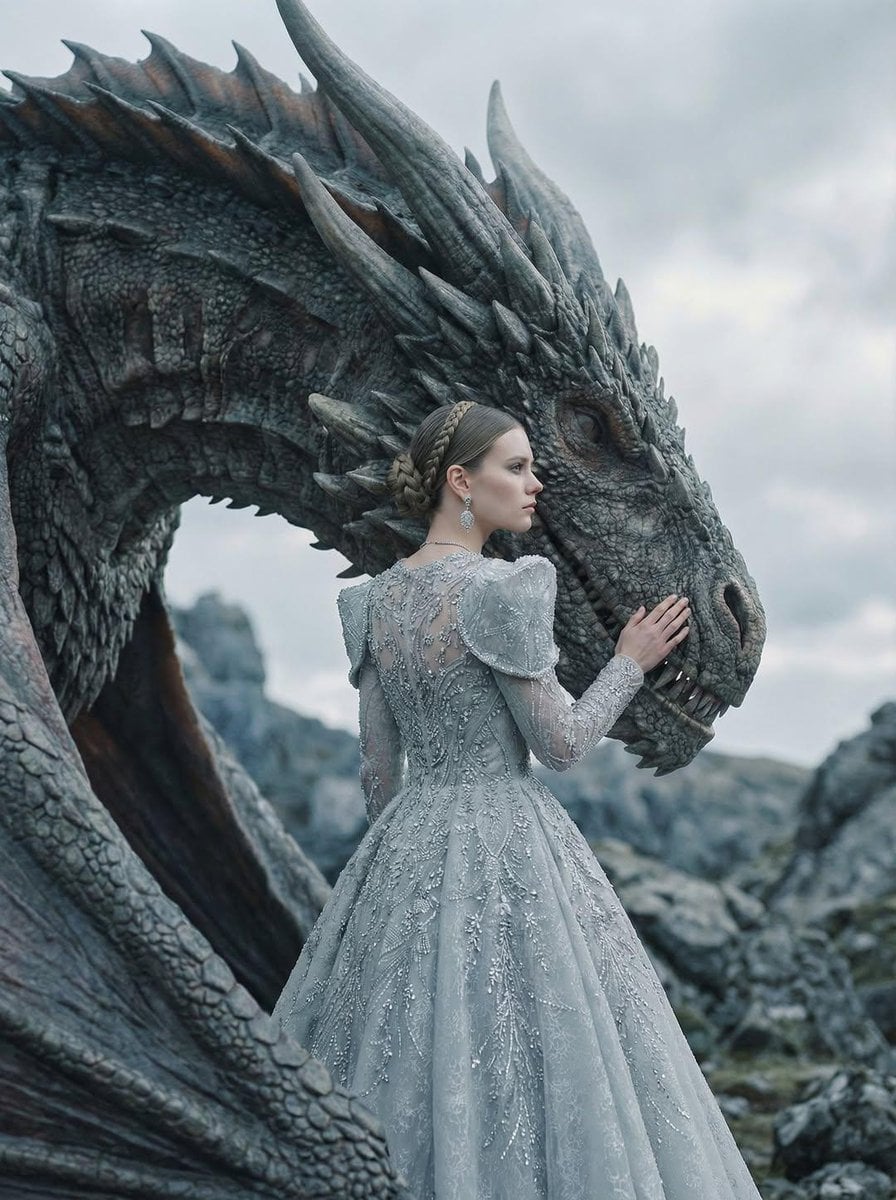 Woman and Dragon in Ice-Gray Couture Editorial Portrait