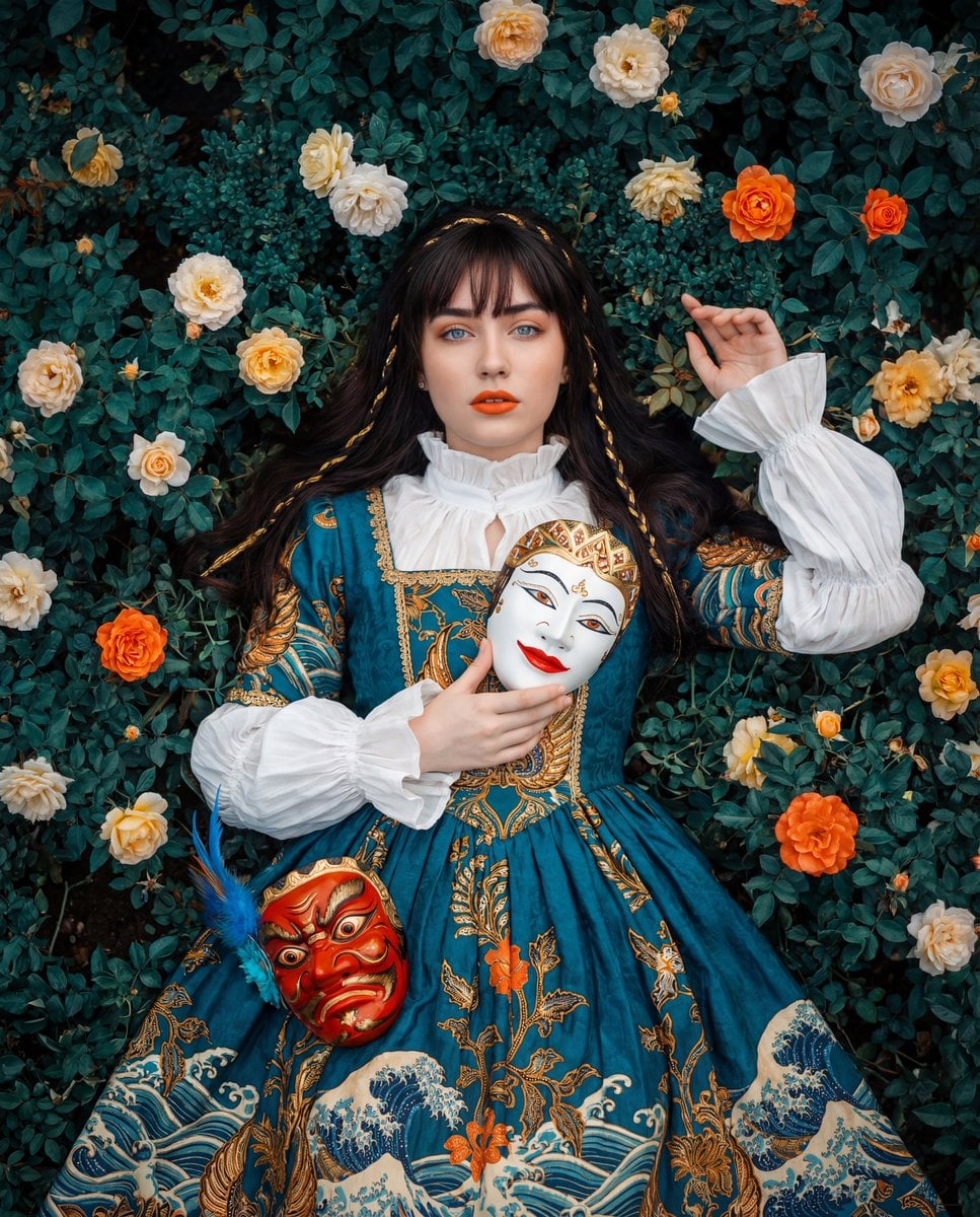 Woman in Teal Gown with Indonesian-Inspired Masks