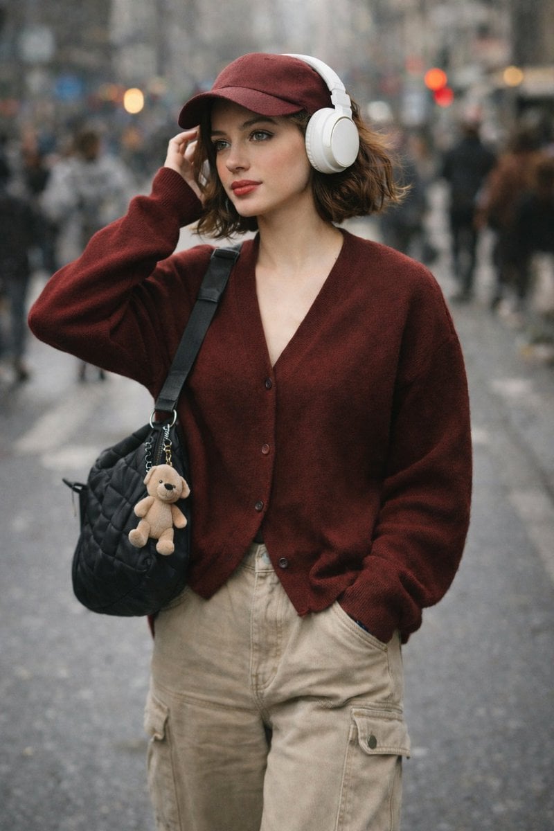 Candid Streetwear Portrait with Plush Bag Keychain(2)
