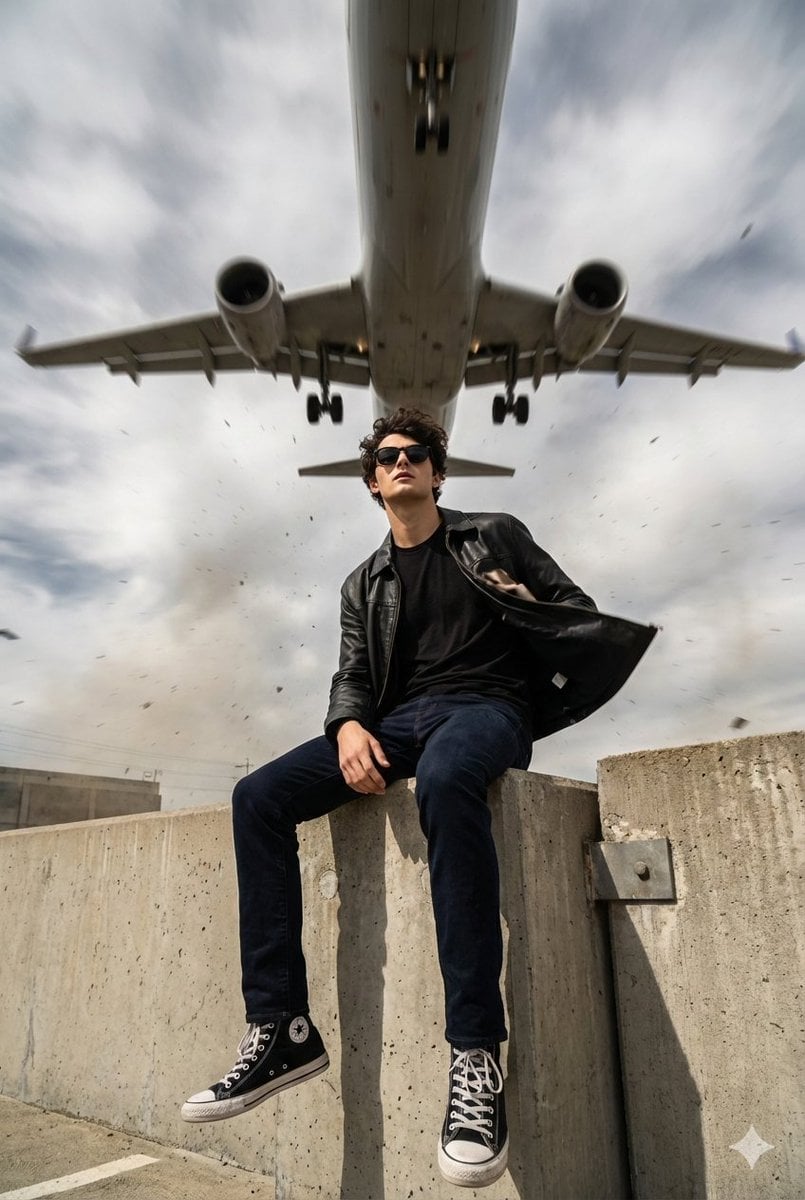 Cinematic Portrait Under a Low-Flying Airplane