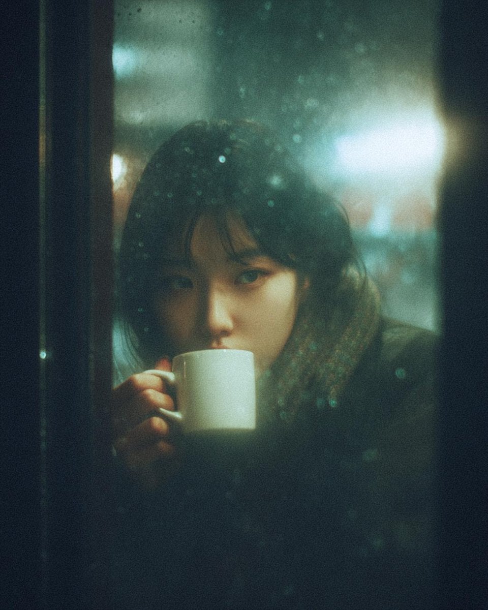 Rainy Café Portrait Through Glass