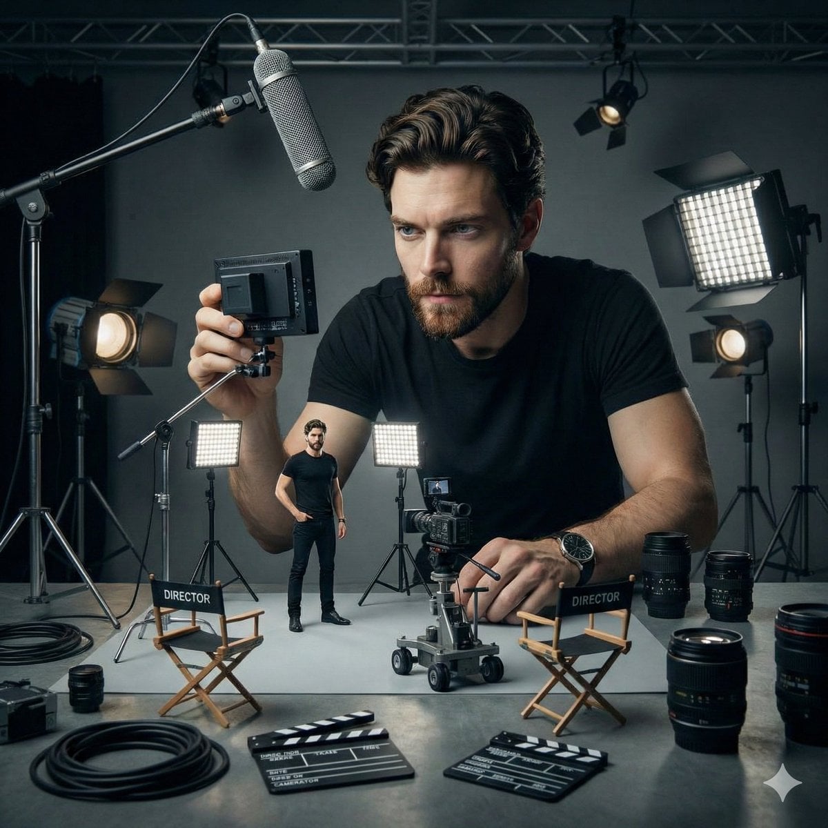 Woman Directing Her Miniature Self in a Film Studio