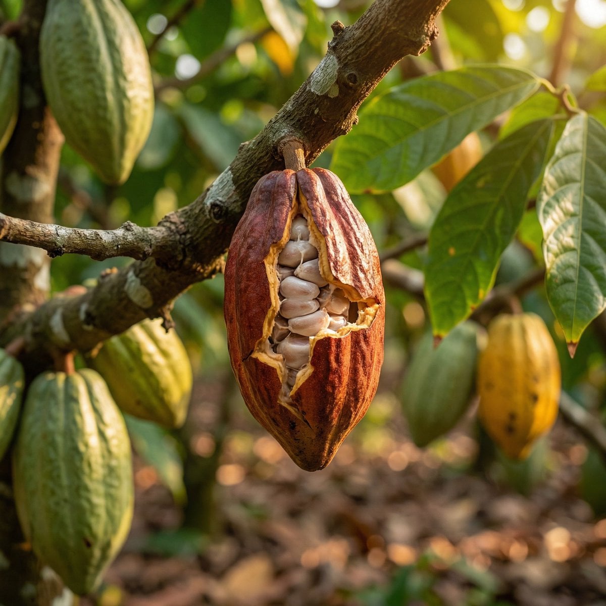 Split Cocoa Pod with Fresh Beans on a Cocoa Tree
