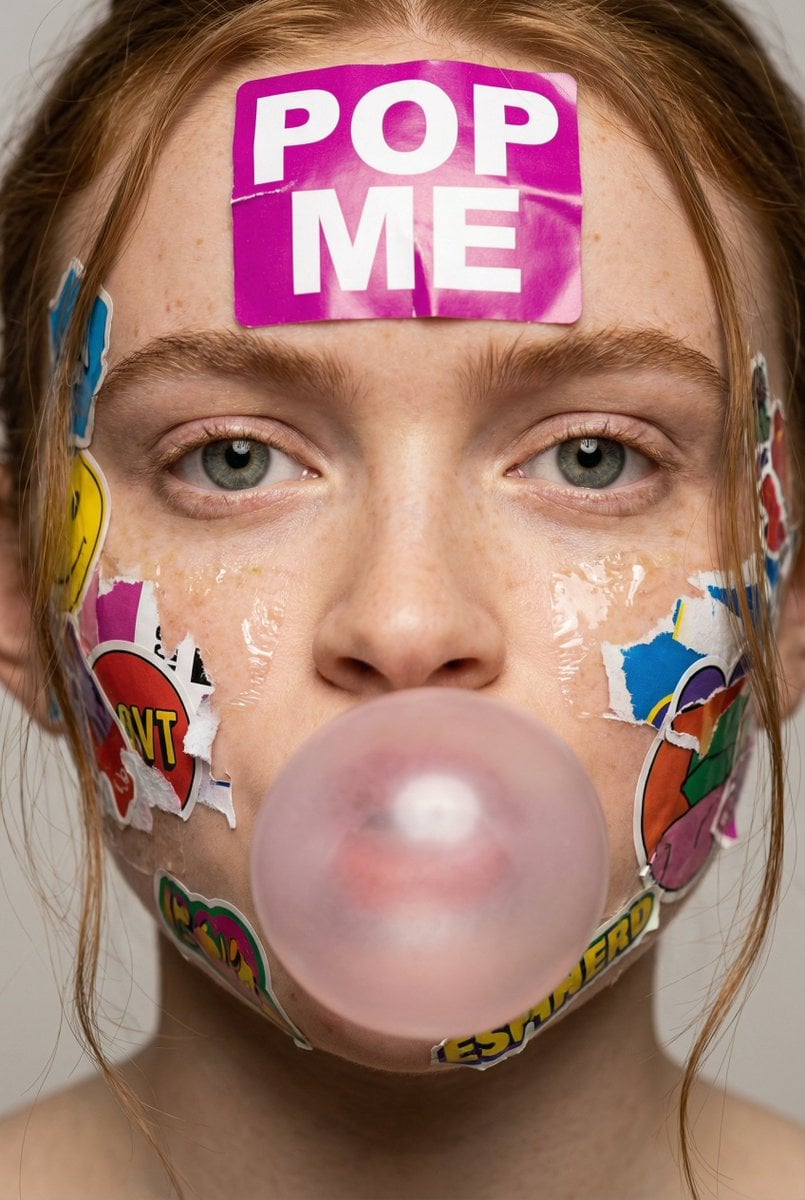 Sticker-Covered Bubblegum Close-Up Portrait(2)