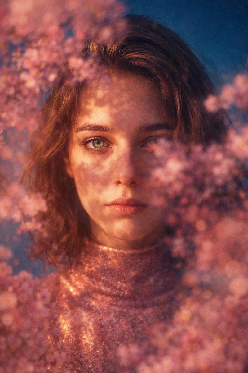 Rose-Gold Dress Portrait Among Pink Blossoms (2)