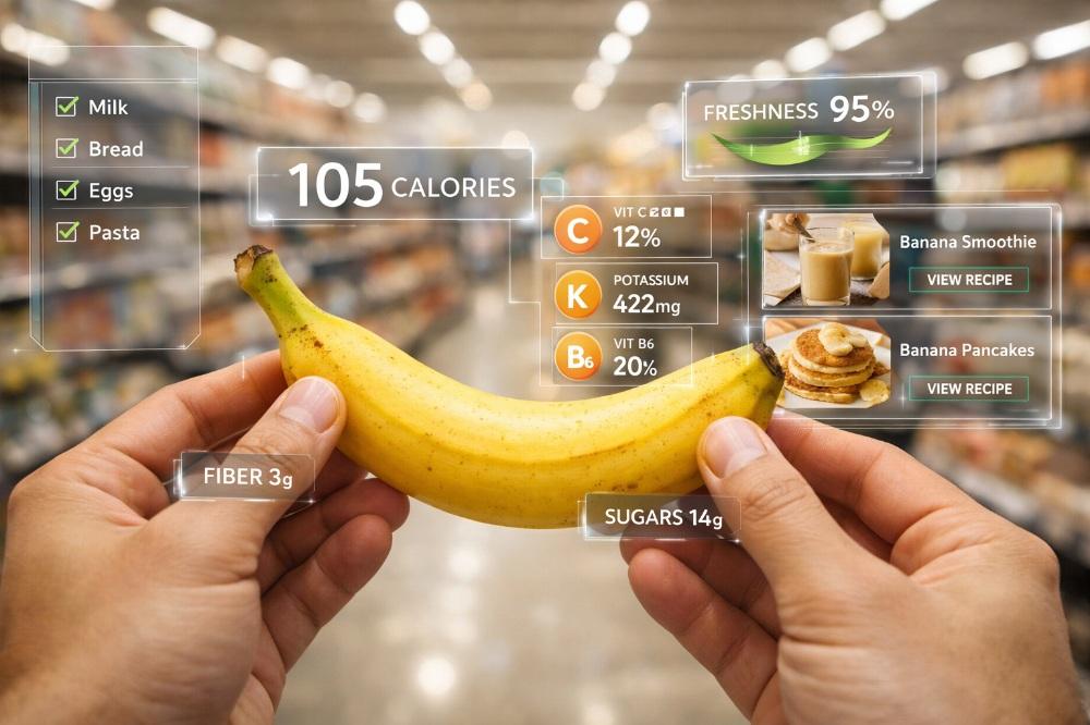 First-Person Fruit Shopping with AR Nutrition HUD