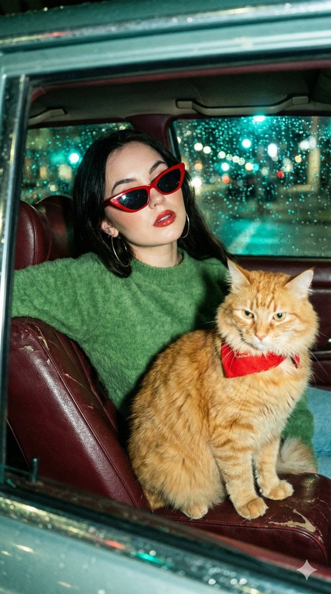 Rainy Night Car Portrait with Tabby Cat(2)