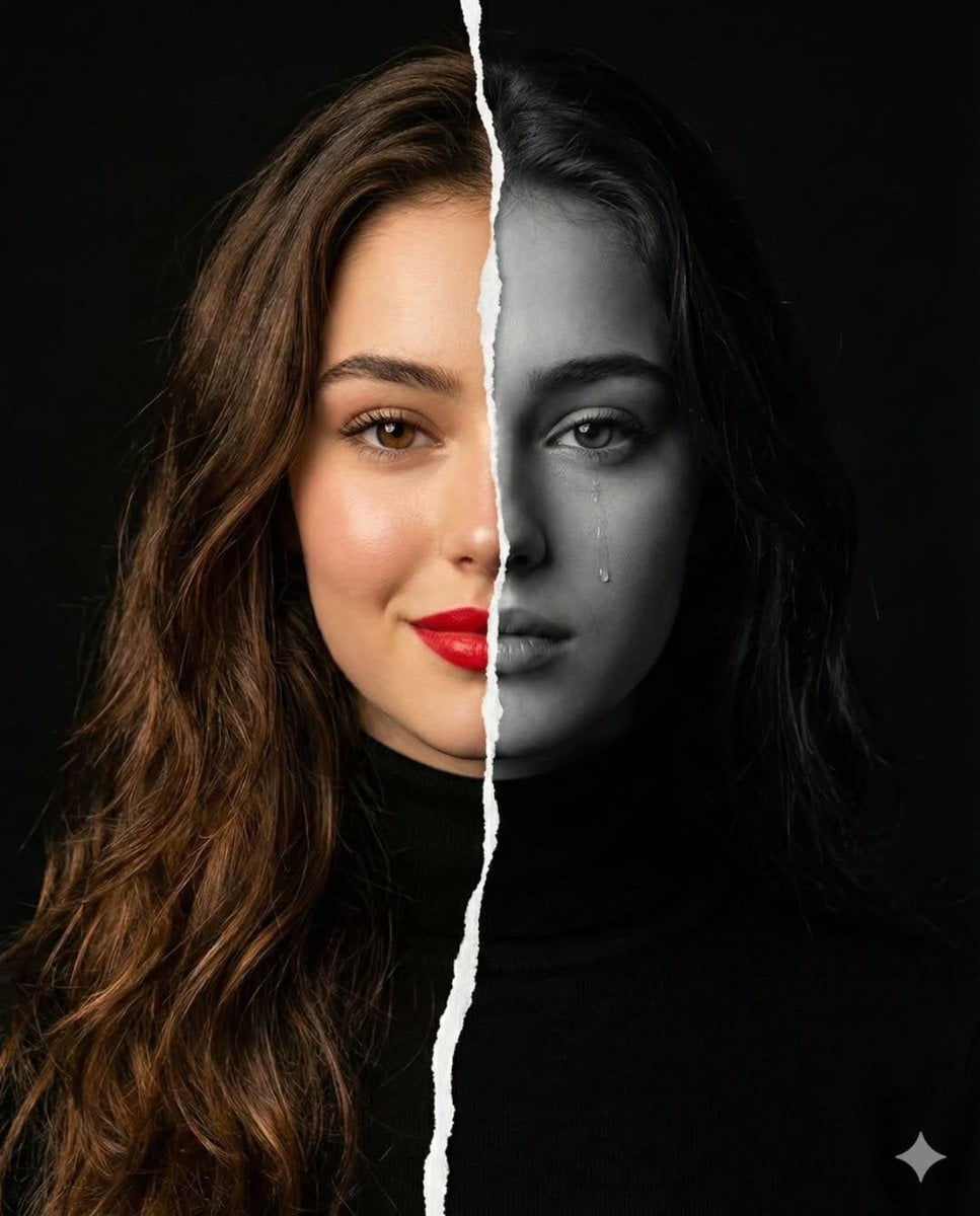 Split-Face Woman’s Portrait with Torn Paper Edge