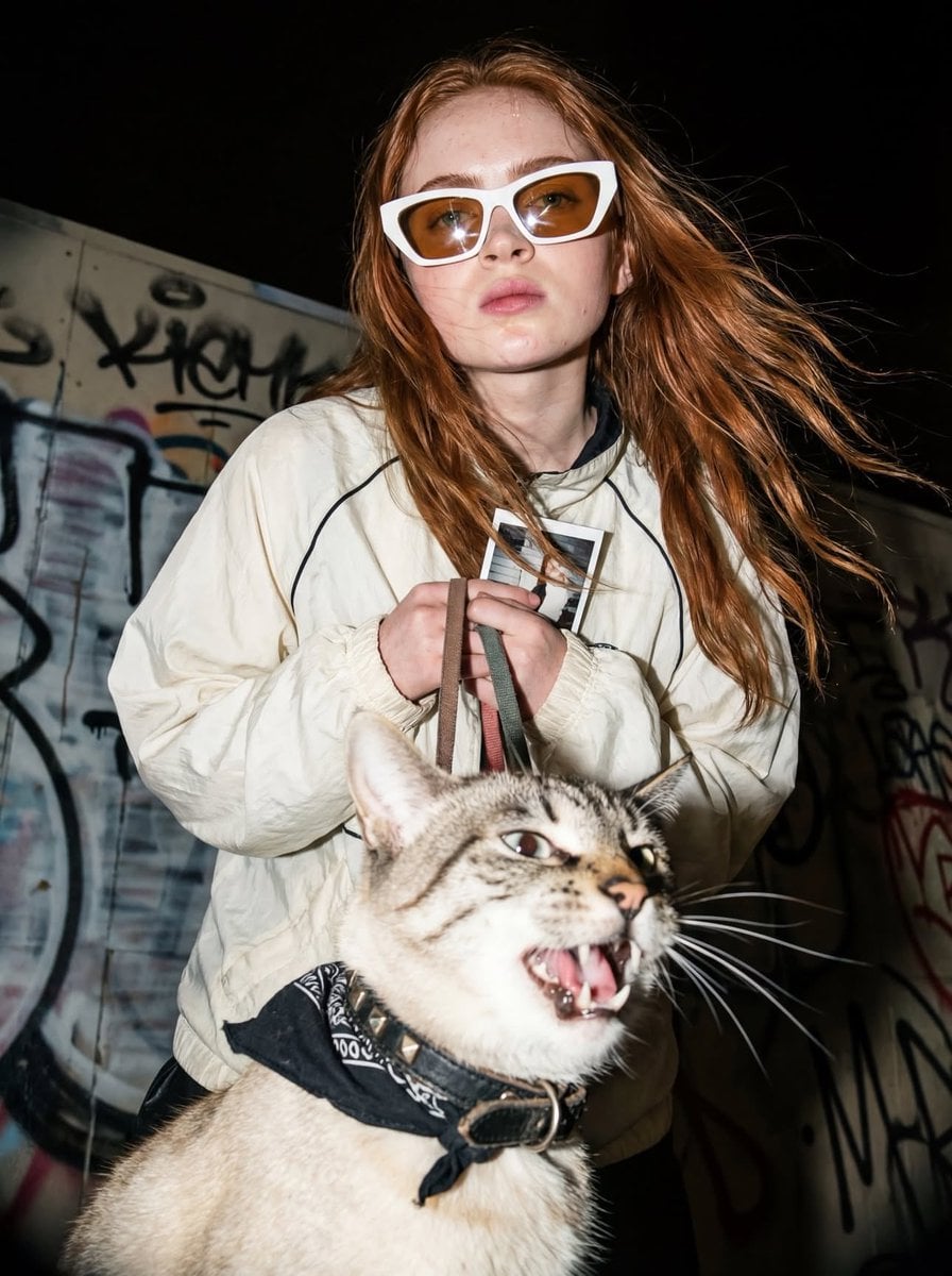 Edgy Fashion Portrait with Leashed Tabby Cat(2)