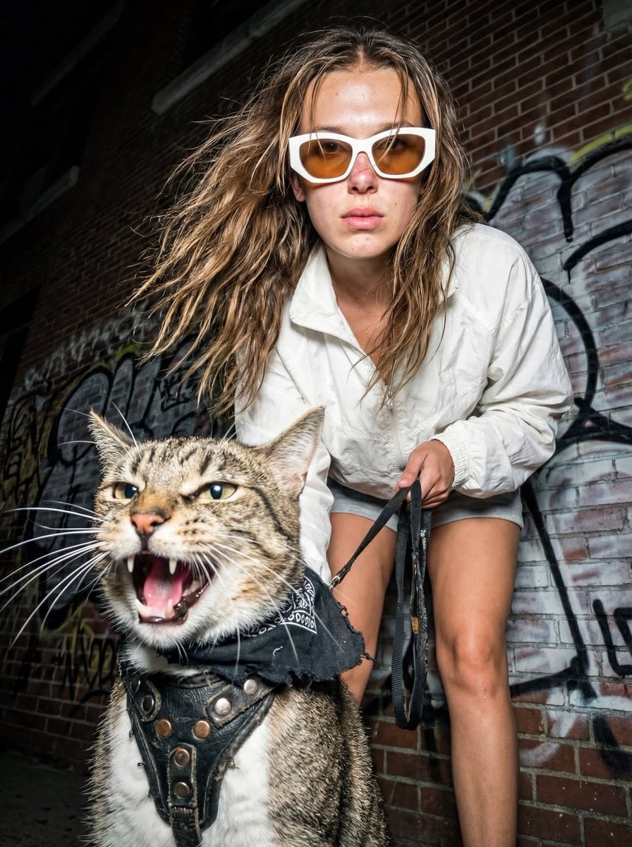 Edgy Fashion Portrait with Leashed Tabby Cat(3)