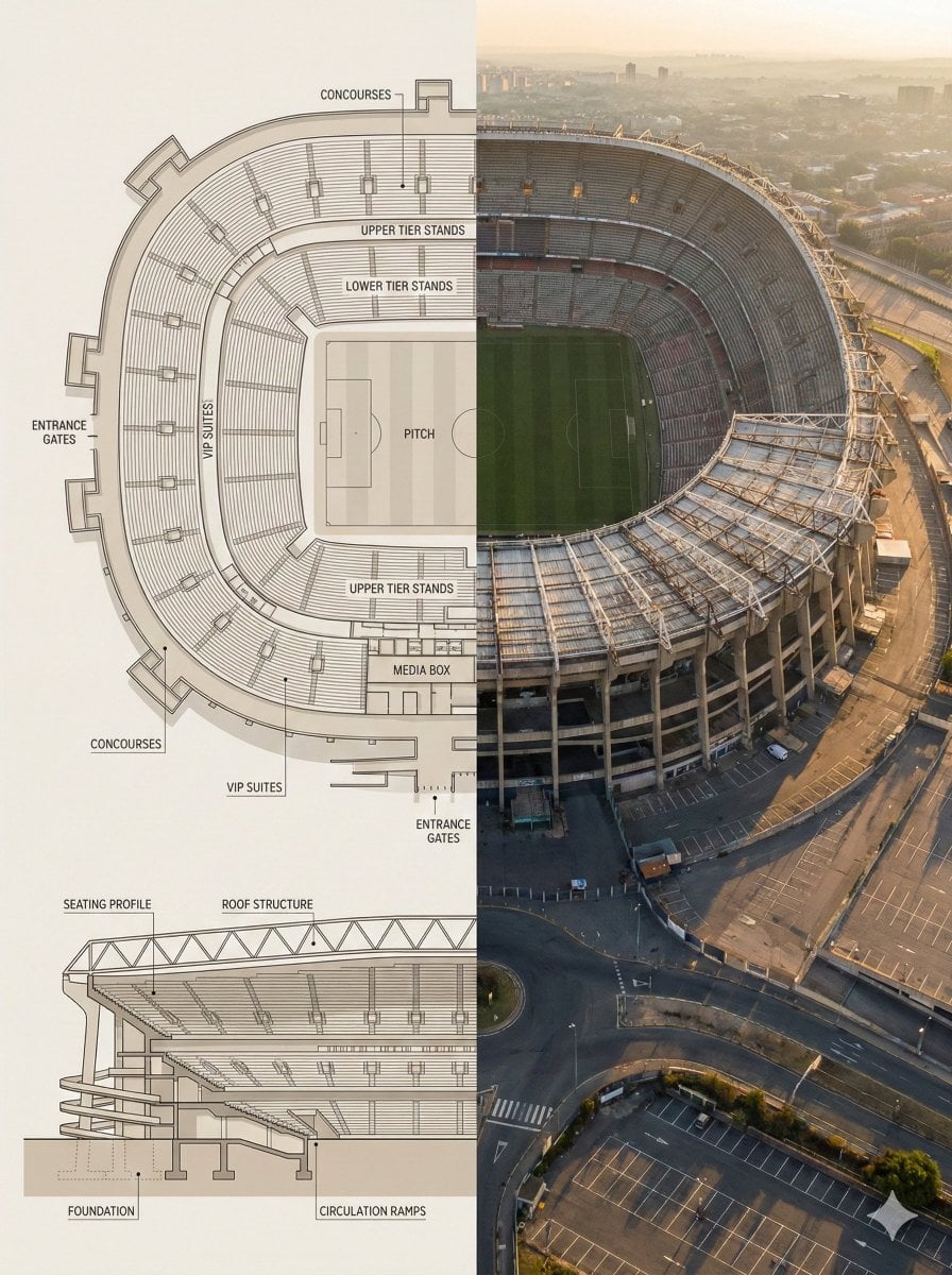 Landmark Blueprint and Aerial Reality Comparison