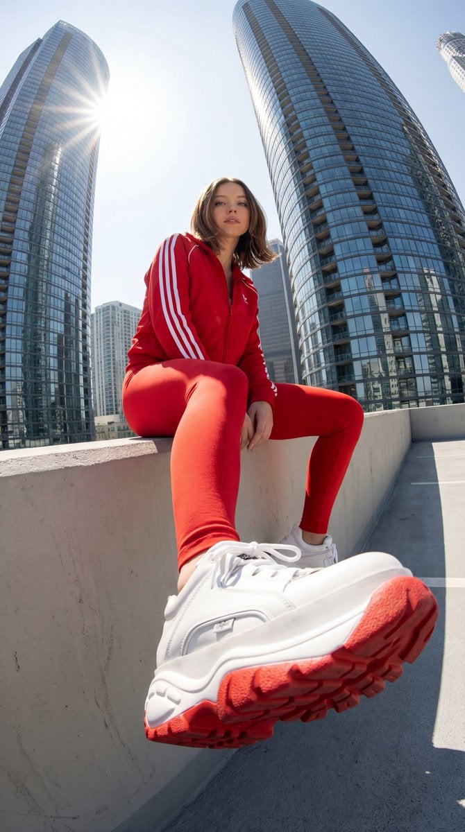 Red Streetwear Model with a Foreshortened Sneaker (2)
