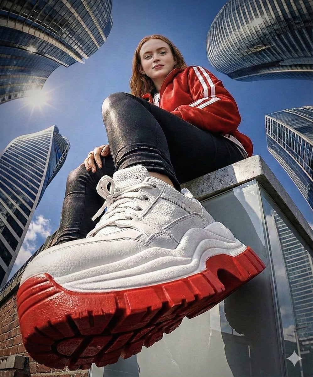 Red Streetwear Model with a Foreshortened Sneaker (3)