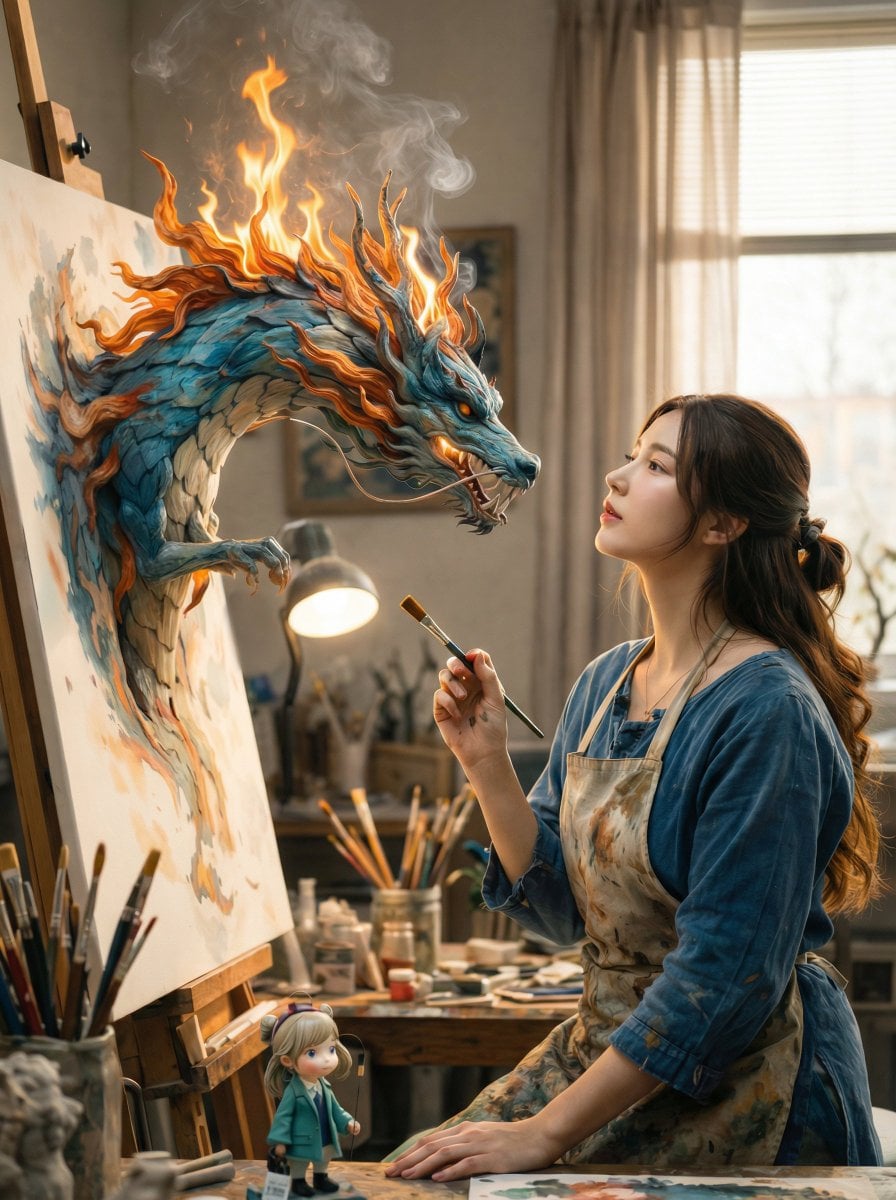 Painter and Eastern Dragon in a Cozy Artist Studio