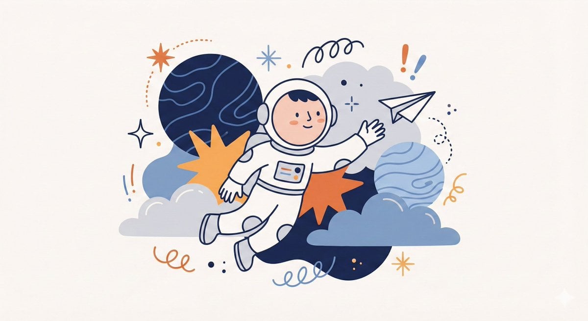 Whimsical Flat Character Illustration with Abstract Shapes