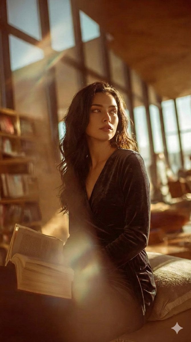 Woman Reading in a Sunlit Library Editorial Portrait