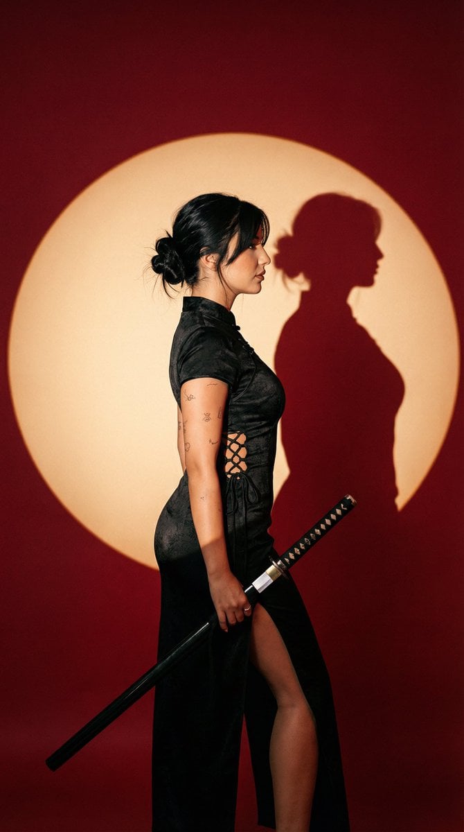 Side-Profile Katana Fashion Portrait with Red Spotlight