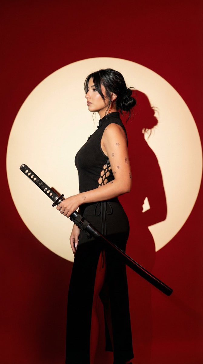 Side-Profile Katana Fashion Portrait with Red Spotlight (2)