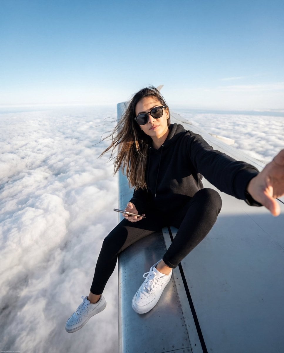 Woman on Airplane Wing Above the Clouds